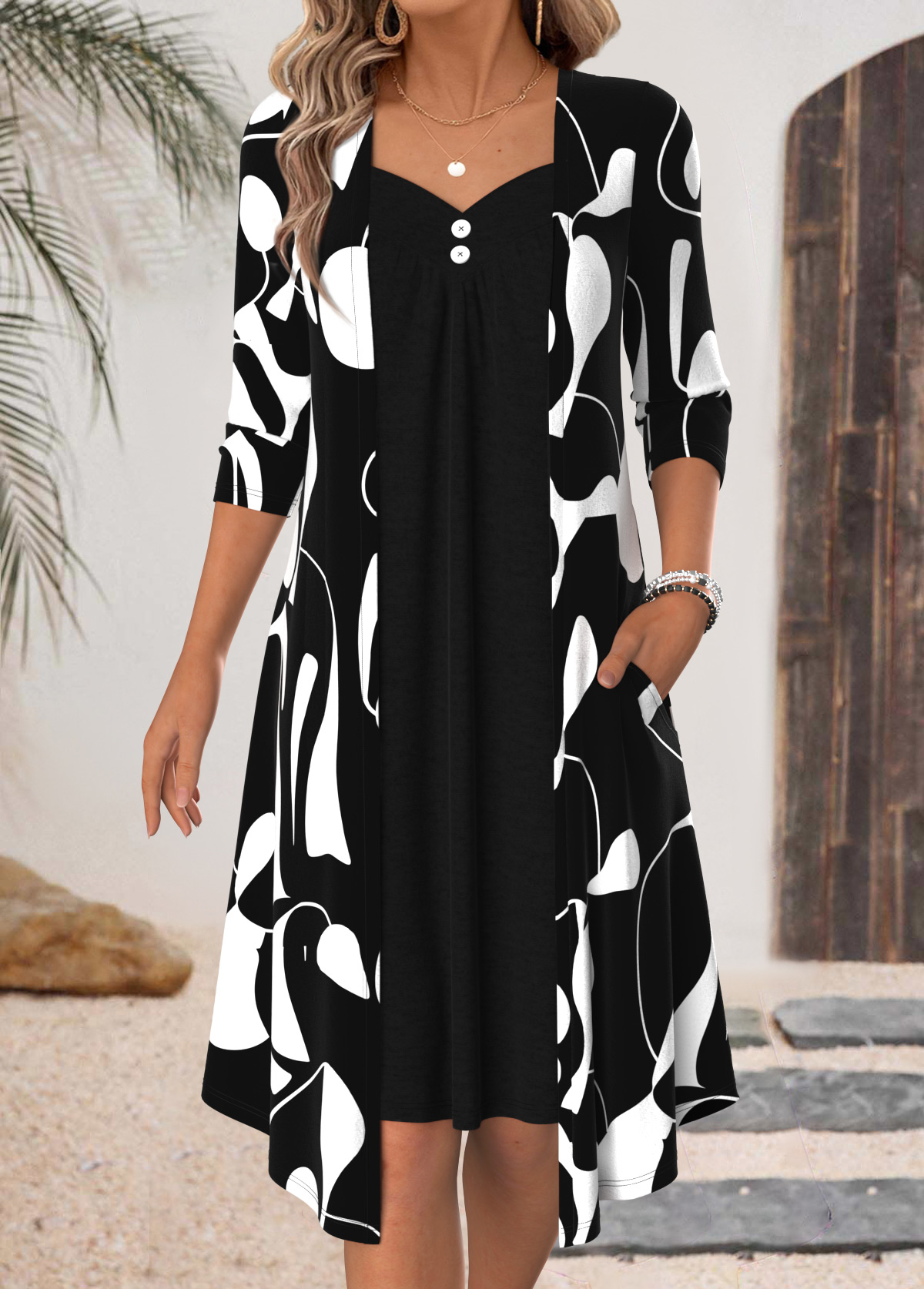 Modlily Black Geometric Print Fake 2in1 3/4 Sleeve Dress - S