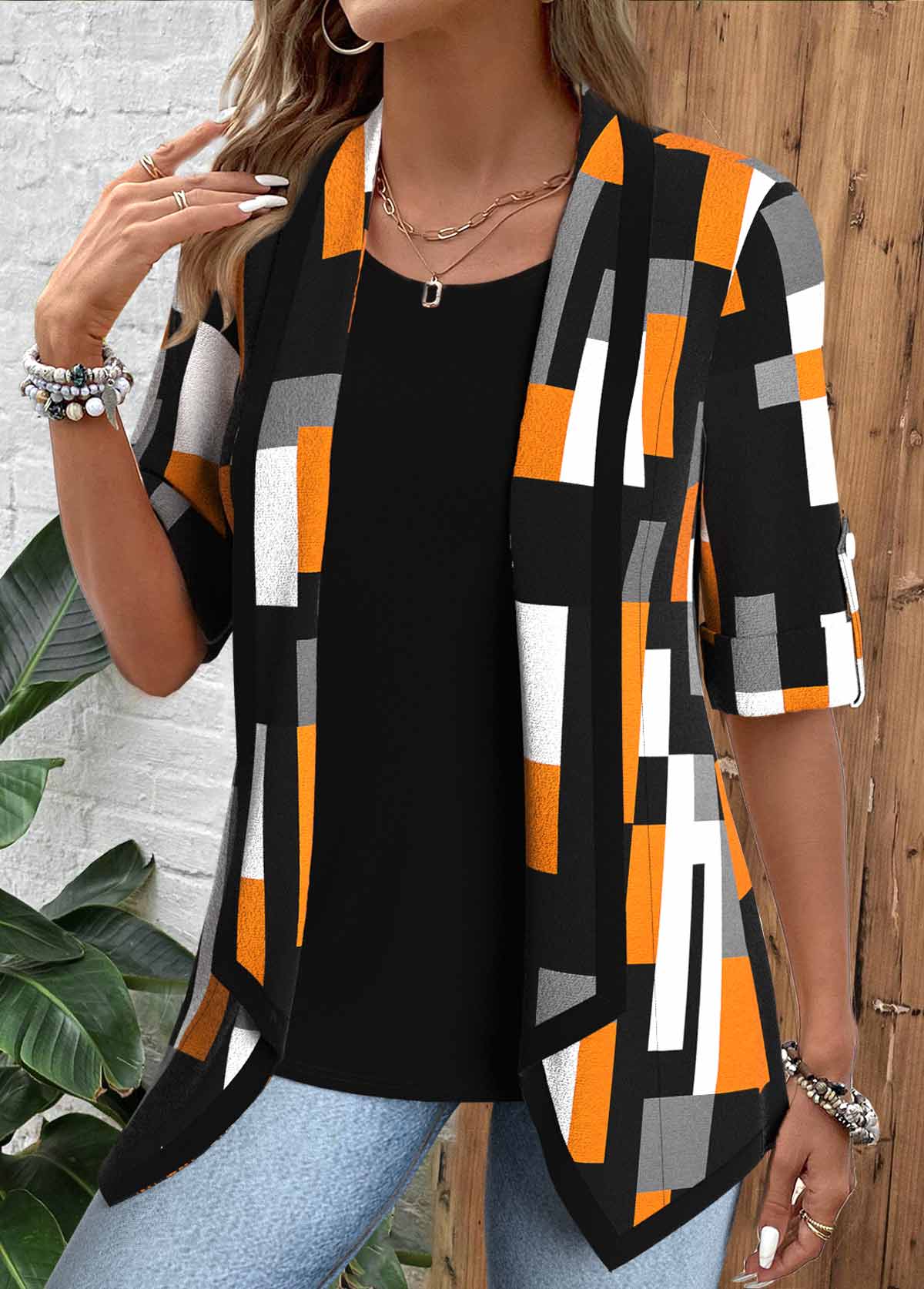 Modlily Black Geometric Print Half Sleeve Fake Two Piece Twinset - M