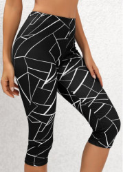 Modlily Black Geometric Print High Waisted Capri Elastic Waist Leggings - M