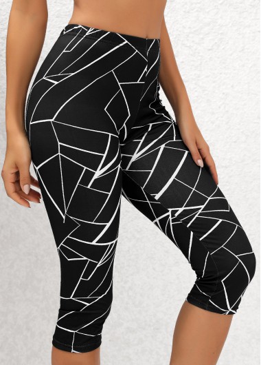 Modlily Black Geometric Print High Waisted Capri Elastic Waist Leggings - M