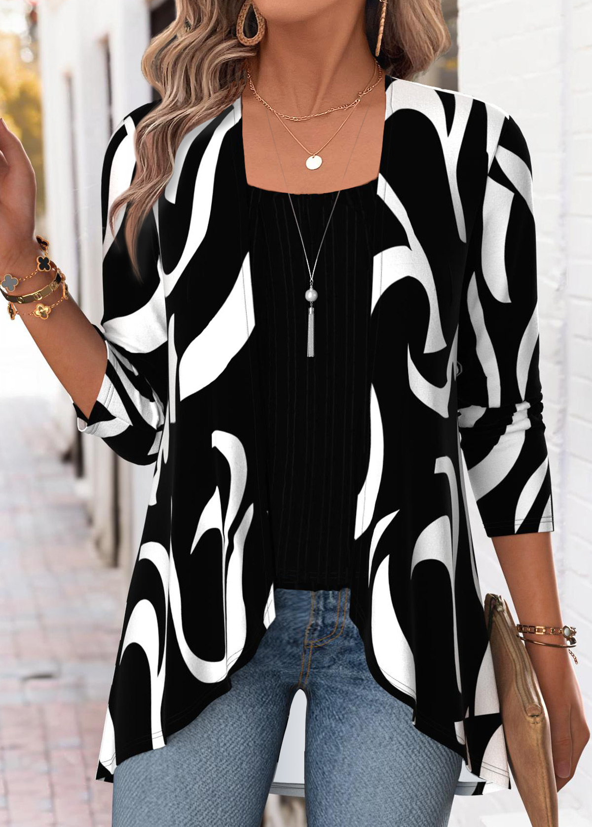 Modlily Black Geometric Print Long Sleeve Fake Two Piece Twinset - S