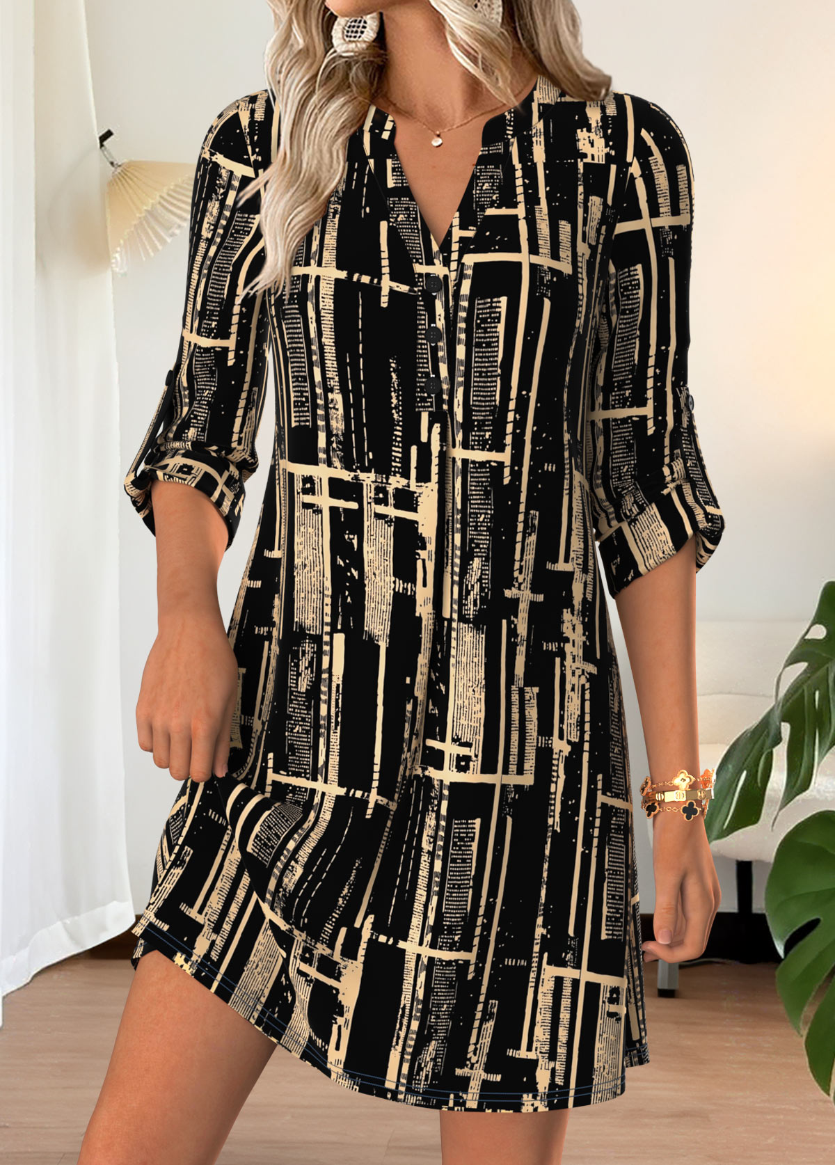 Modlily Black Geometric Print Short Half Sleeve Split Neck Dress - S