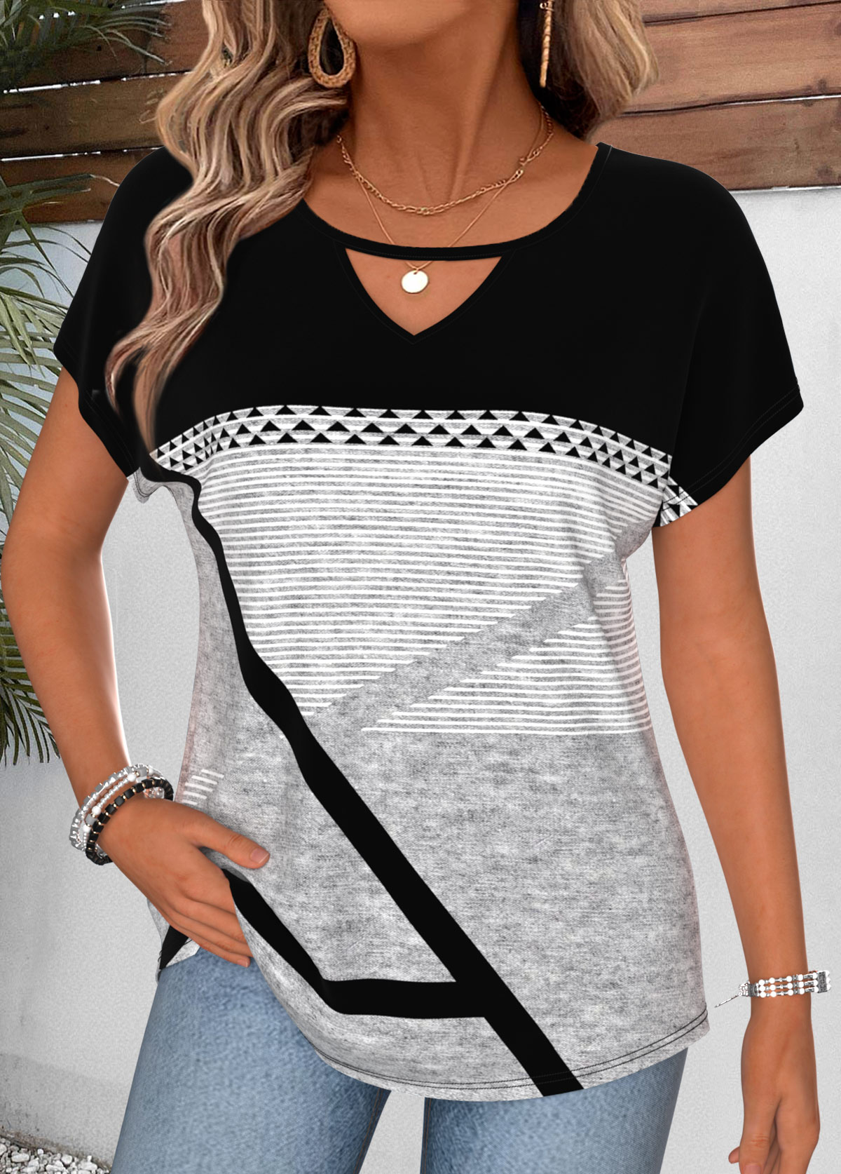 Modlily Black Geometric Print Short Sleeve Round Neck T Shirt - M
