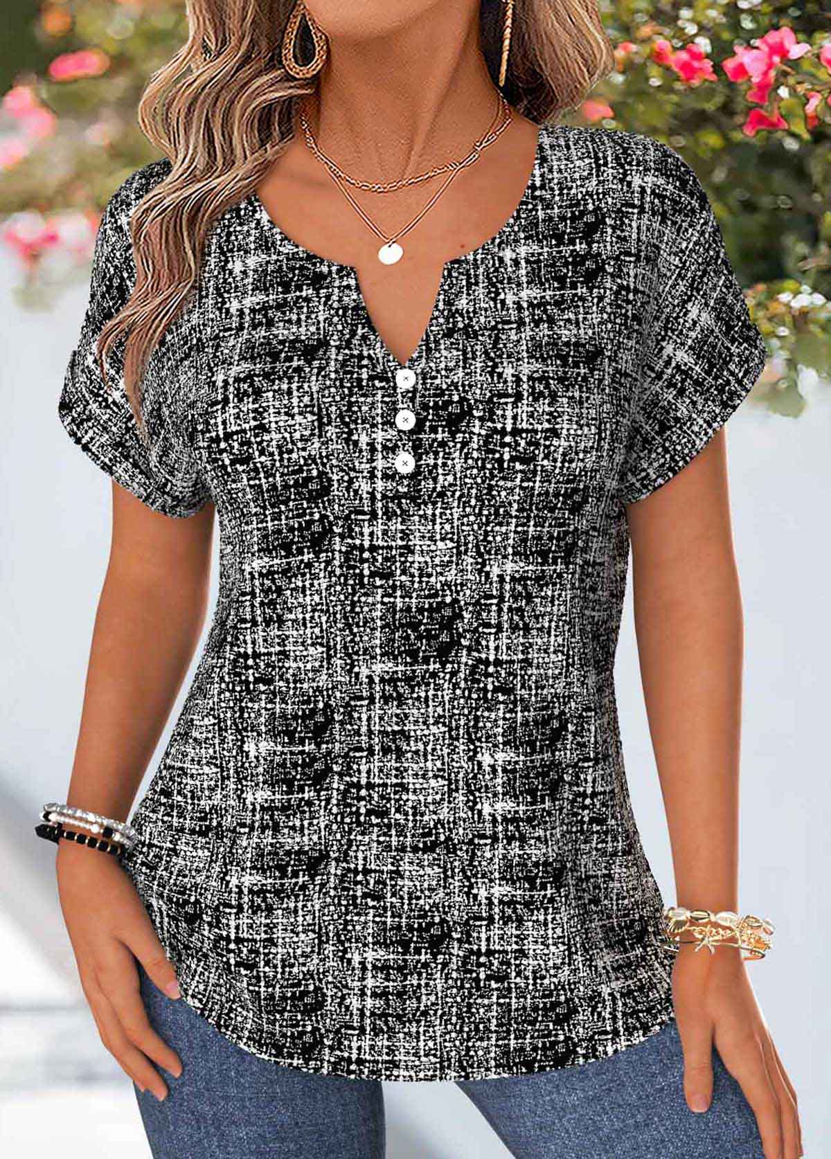 Modlily Black Geometric Print Short Sleeve Split Neck Blouse - S