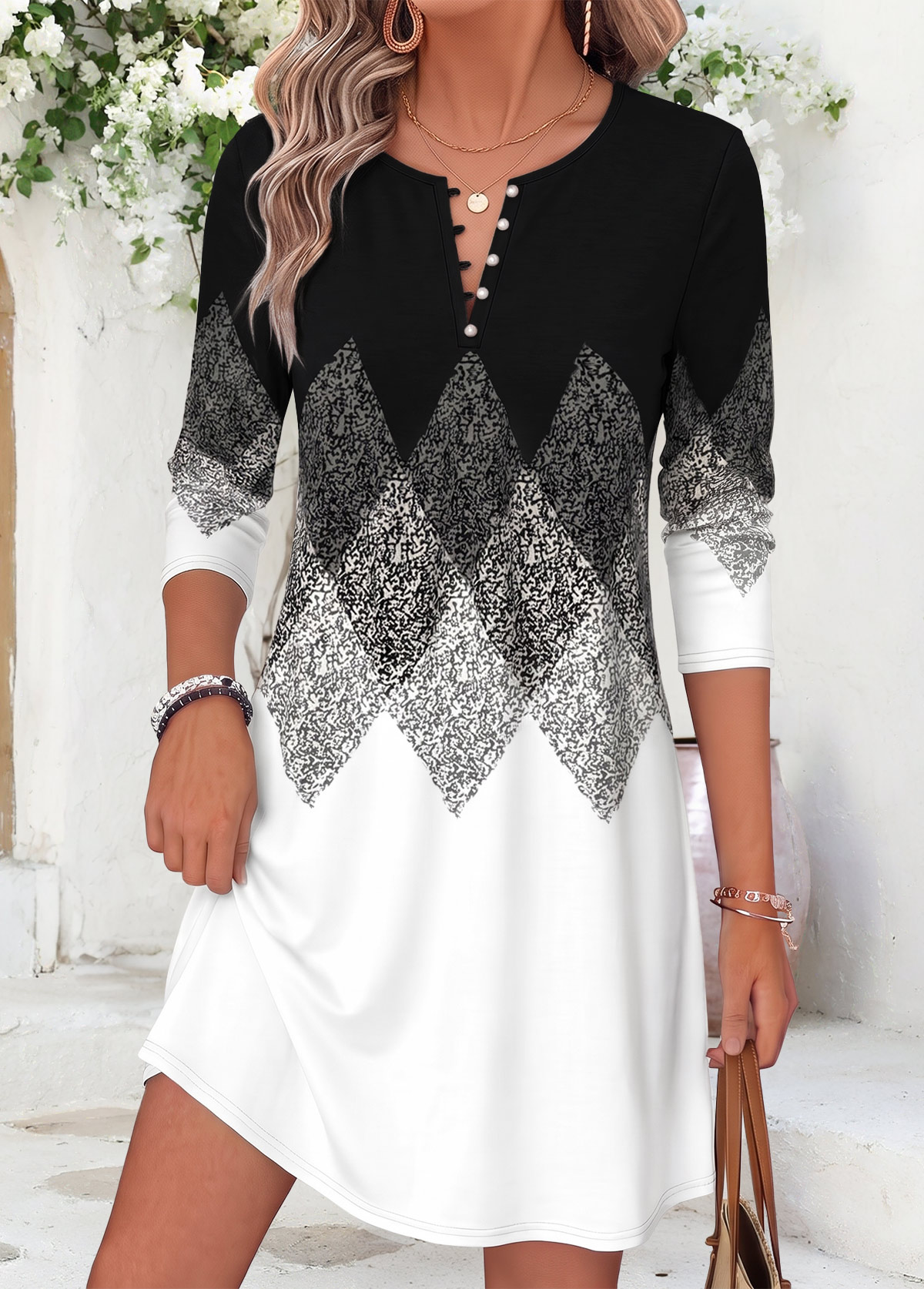 Modlily Black Geometric Print Short Tummy Coverage Long Sleeve Dress - M