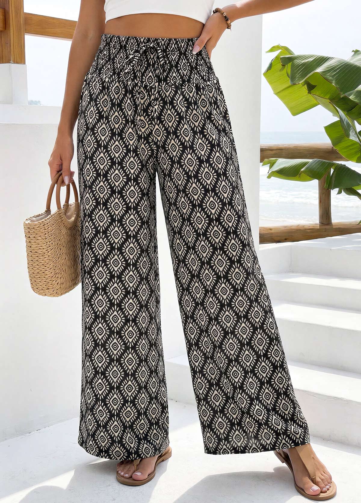 Modlily Black Geometric Print Straight Leg Elastic Waist Pants - S