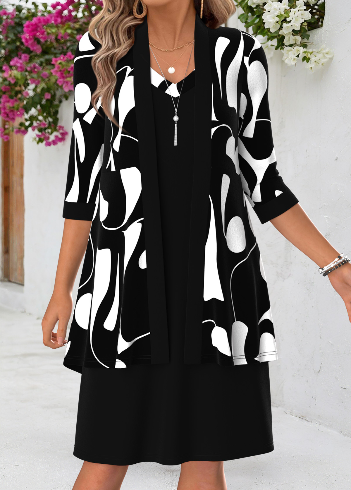 Modlily Black Geometric Print Tummy Coverage Dress and Cardigan - M