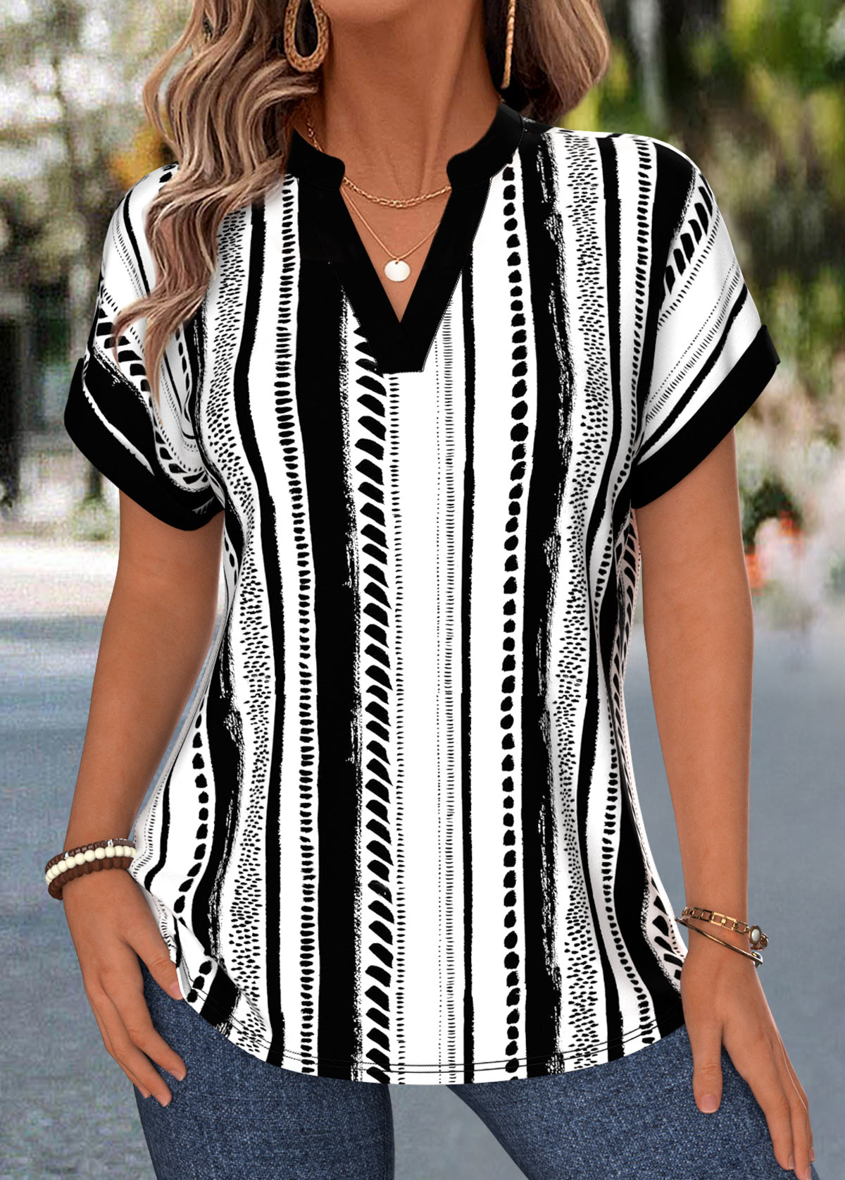 Modlily Black Geometric Print Tummy Coverage Short Sleeve Blouse - M