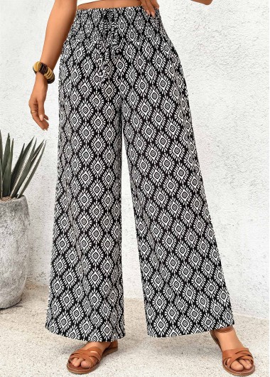 Modlily Black Geometric Print Wide Leg Elastic Waist Pants - S