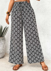 Modlily Black Geometric Print Wide Leg Elastic Waist Pants - S