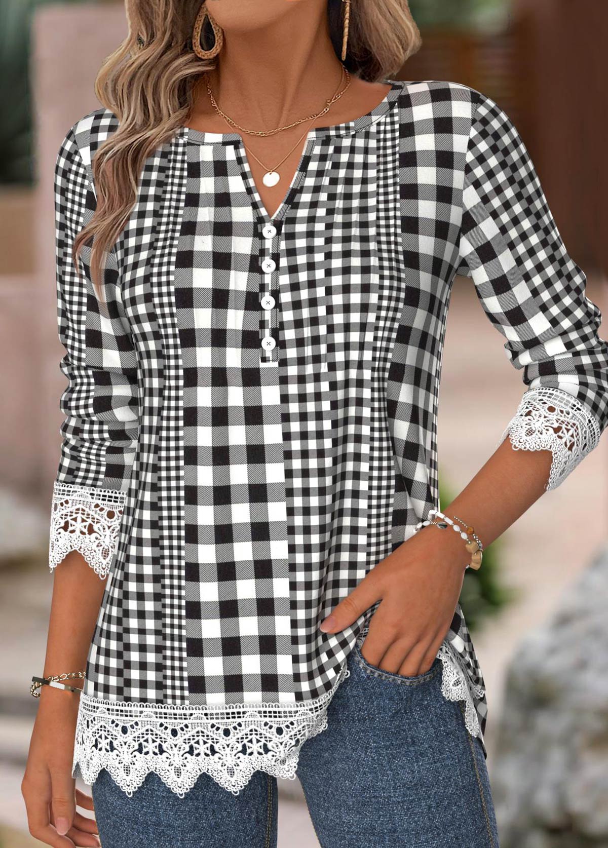 Modlily Black Gingham Print Long Sleeve Split Neck T Shirt - XXL