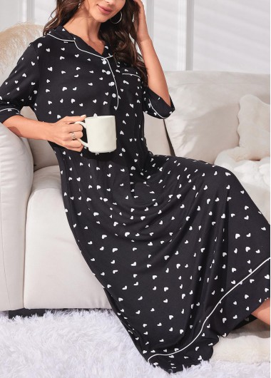 Modlily Black Heart Print Half Sleeve Turn Down Collar Nightdress - S