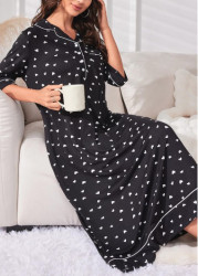 Modlily Black Heart Print Half Sleeve Turn Down Collar Nightdress - S