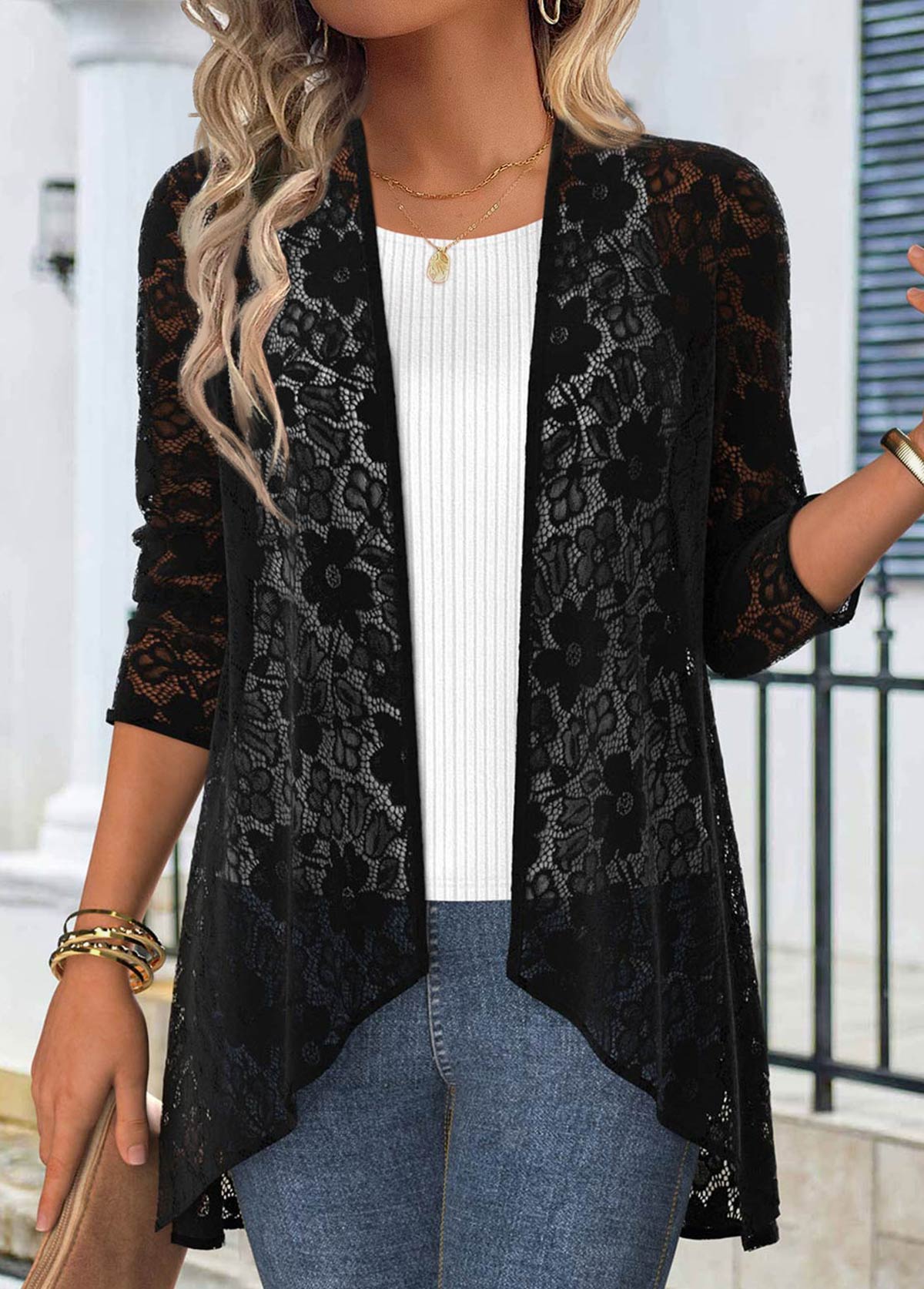 Modlily Black Lace 3/4 Sleeve Light Cardigan - XXL