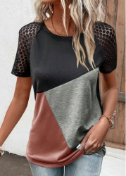 Modlily Black Lace Short Sleeve Round Neck T Shirt - XXL