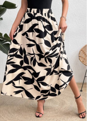 Modlily Black Leaf Print A Line Elastic Waist Maxi Skirt - XL