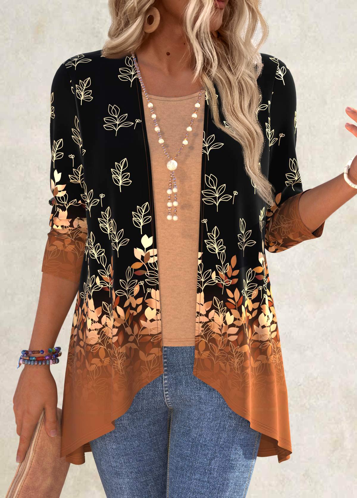Modlily Black Leaf Print Long Sleeve Light Cardigan - S