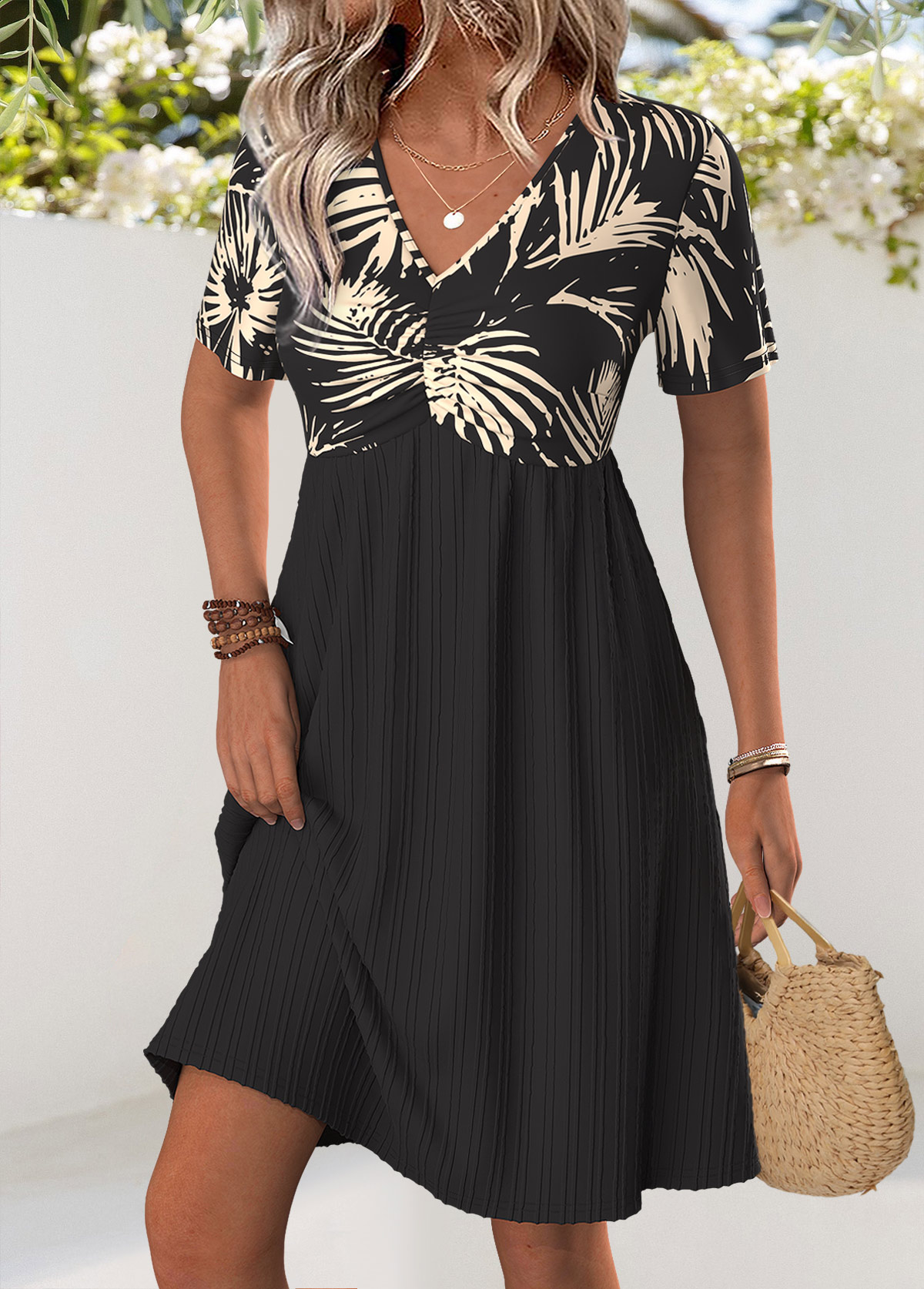 Modlily Black Leaf Print Short V Neck Dress - S