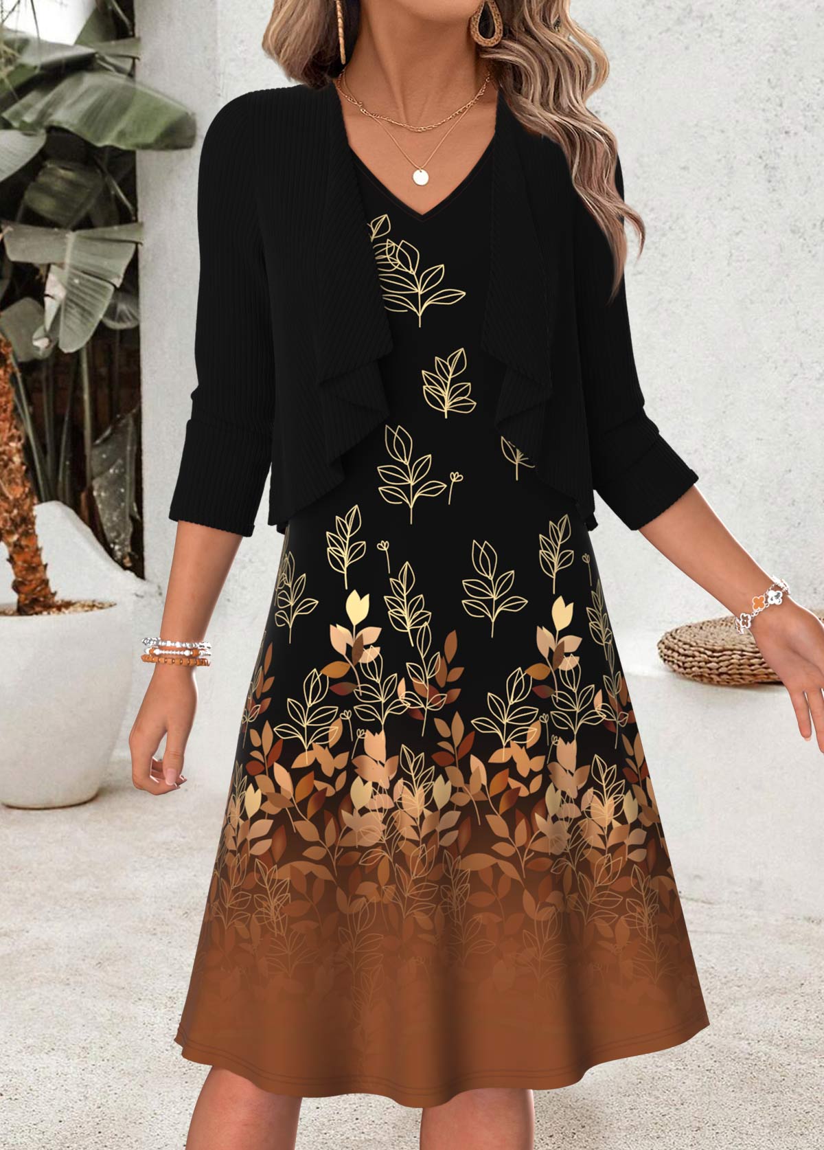 Modlily Black Leaf Print Two-piece Long Sleeve Dress and Cardigan - S
