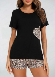Modlily Black Leopard Half Sleeve Lounge Top and Shorts - S