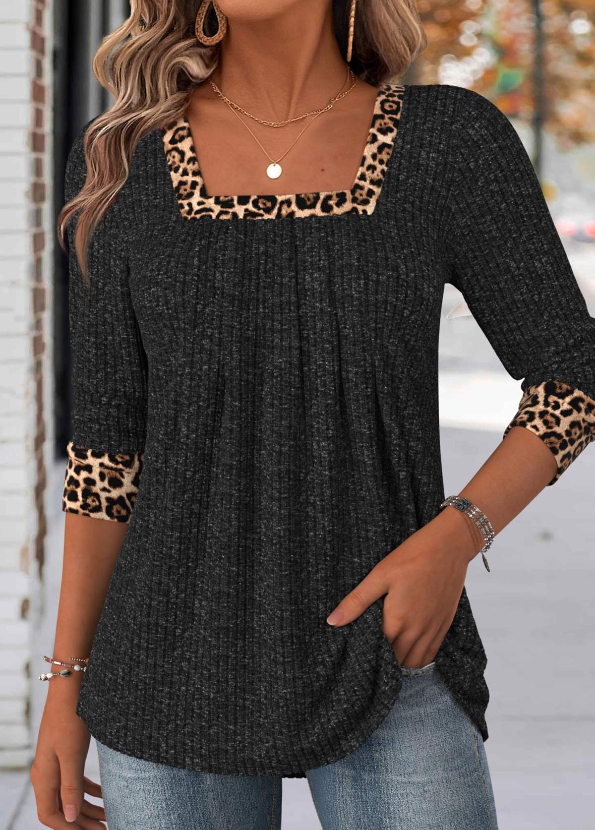 Modlily Black Leopard Long Sleeve Square Neck T Shirt - L