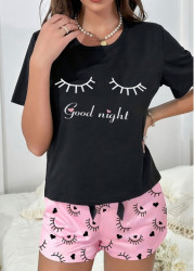 Modlily Black Letter Print Short Sleeve Lounge Top and Shorts - S