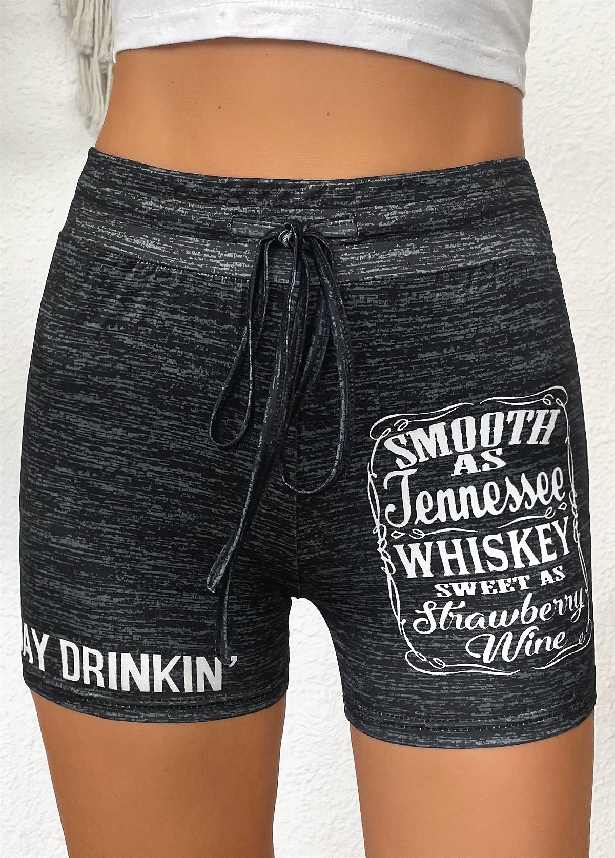 Modlily Black Letter Print Skinny Drawastring High Waisted Shorts - S