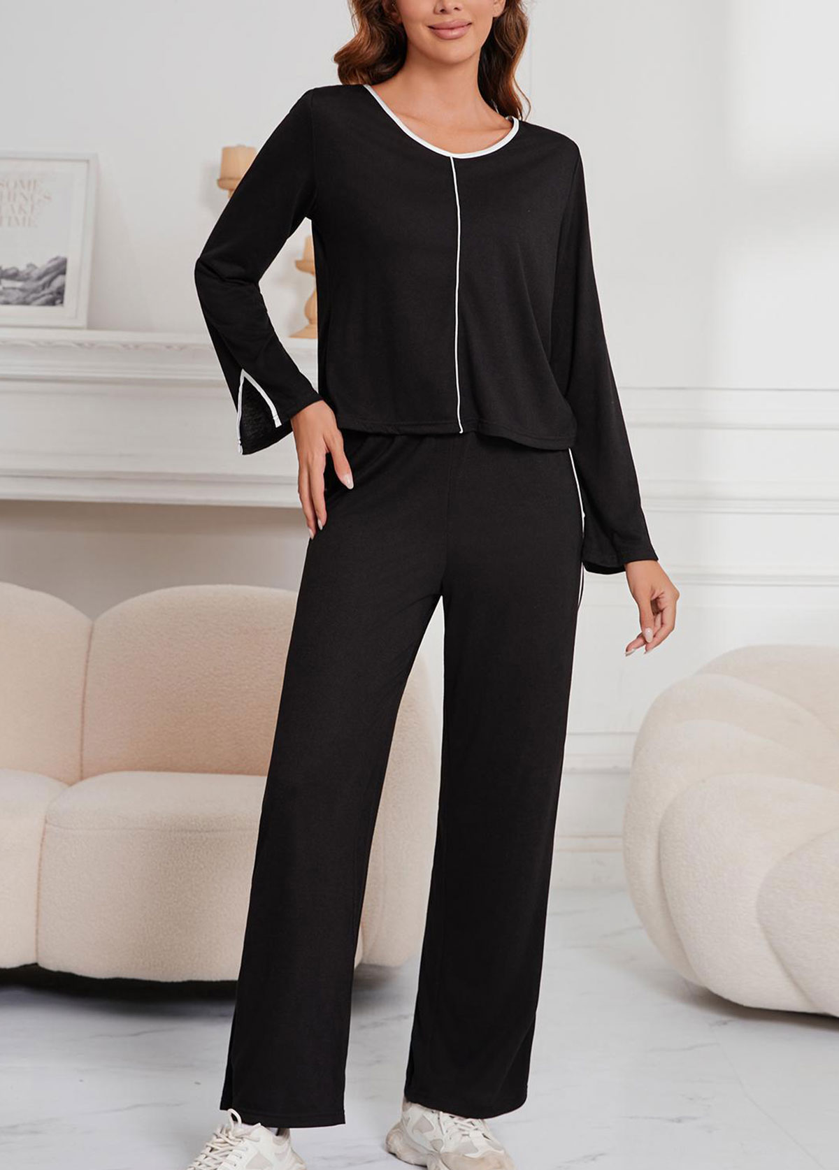 Modlily Black Long Sleeve Scoop Neck Lounge Top and Pants - S