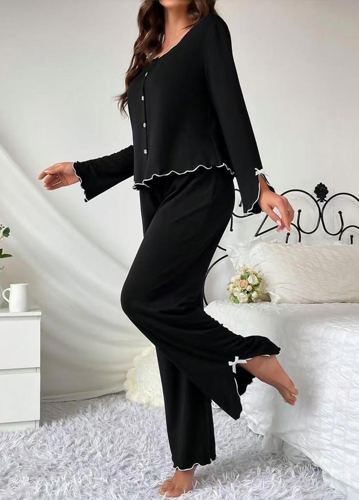 Modlily Black Long Sleeve Scoop Neck Lounge Top and Pants - S