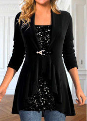 Modlily Black Long Sleeve Shawl Collar Fake Two Piece Twinset - 3X