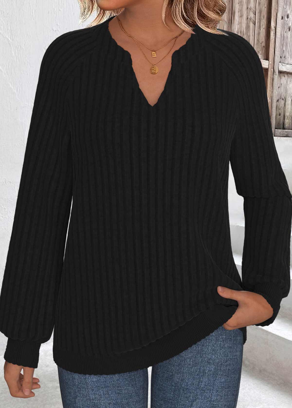 Modlily Black Long Sleeve Split Neck Sweatshirt - M