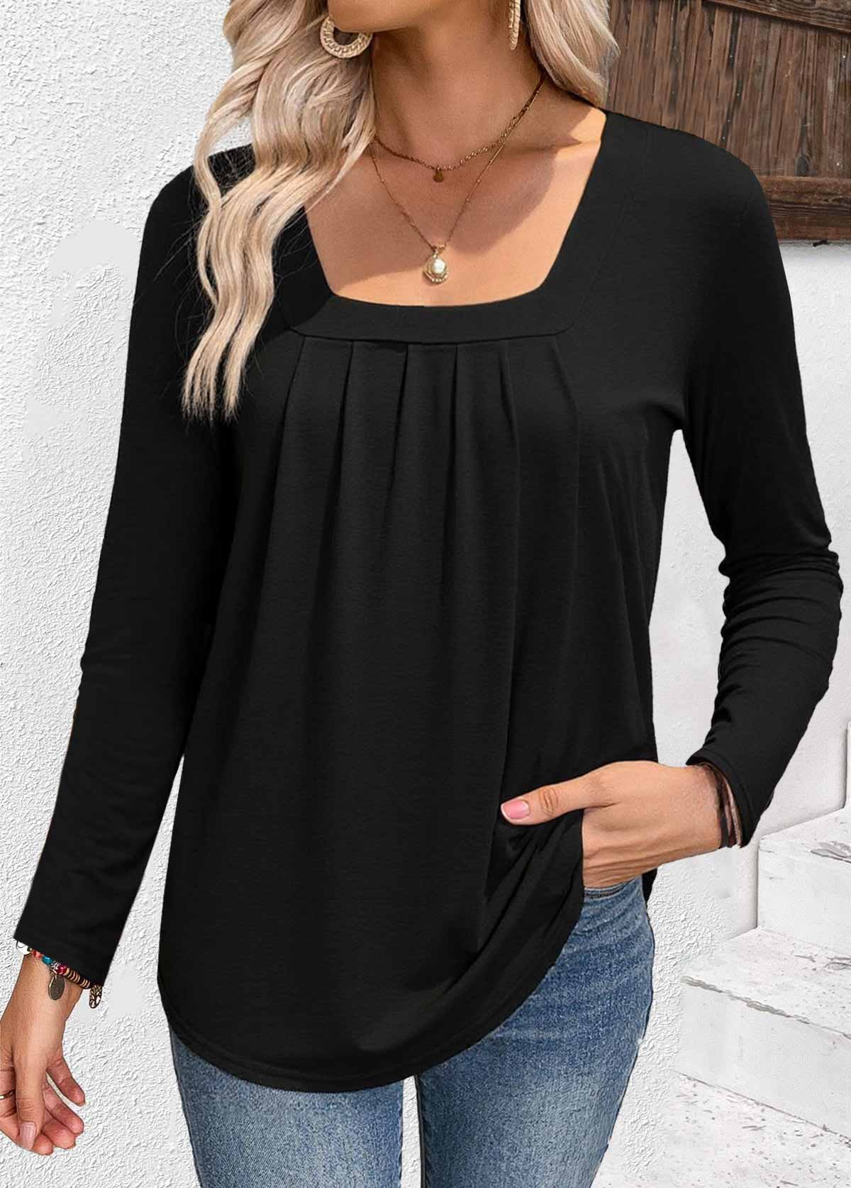 Modlily Black Long Sleeve Square Neck T Shirt - M