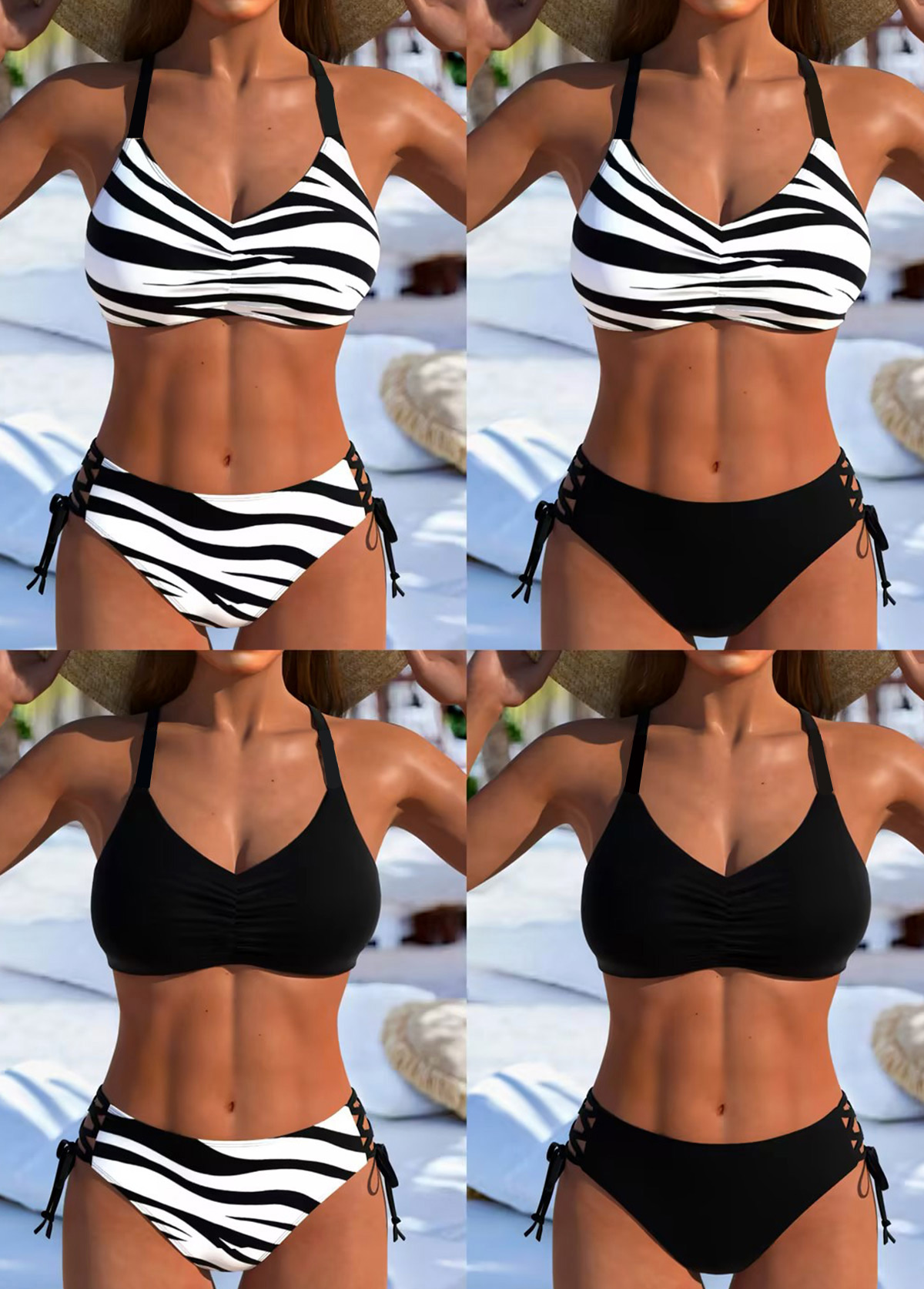 Modlily Black Low Waisted Adjustable Tie Bikini Set - S