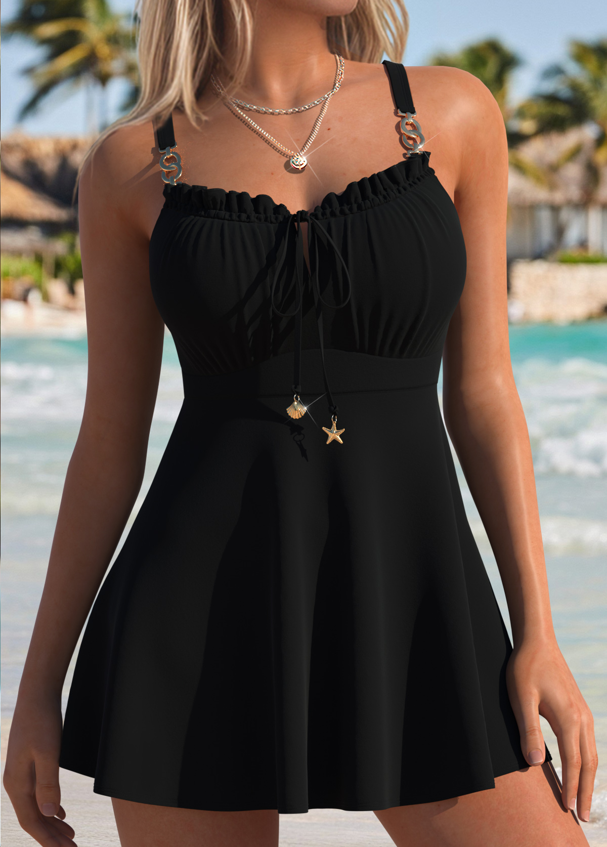 Modlily Black Mid Waisted Bowknot Tankini Top - M