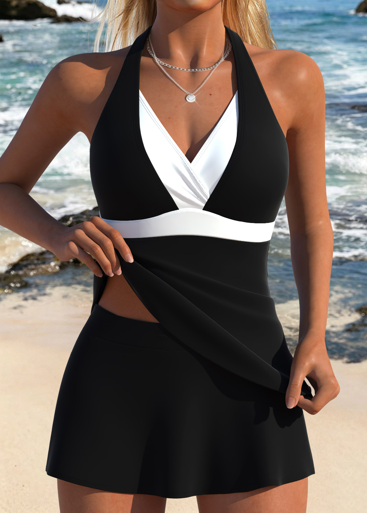 Modlily Black Mid Waisted Fake 2in1 Skirted Tankini Set - S