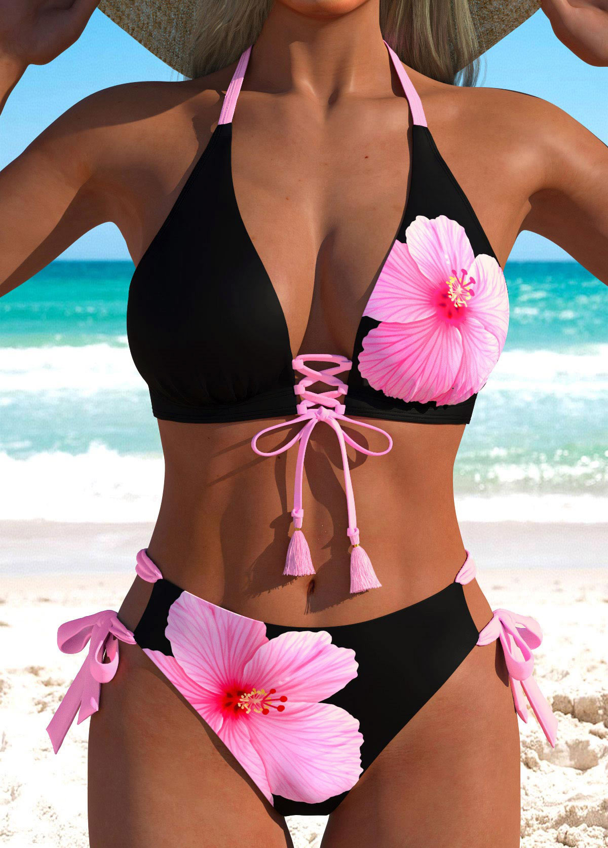 Modlily Black Mid Waisted Lace Up Floral Print Bikini Set - S