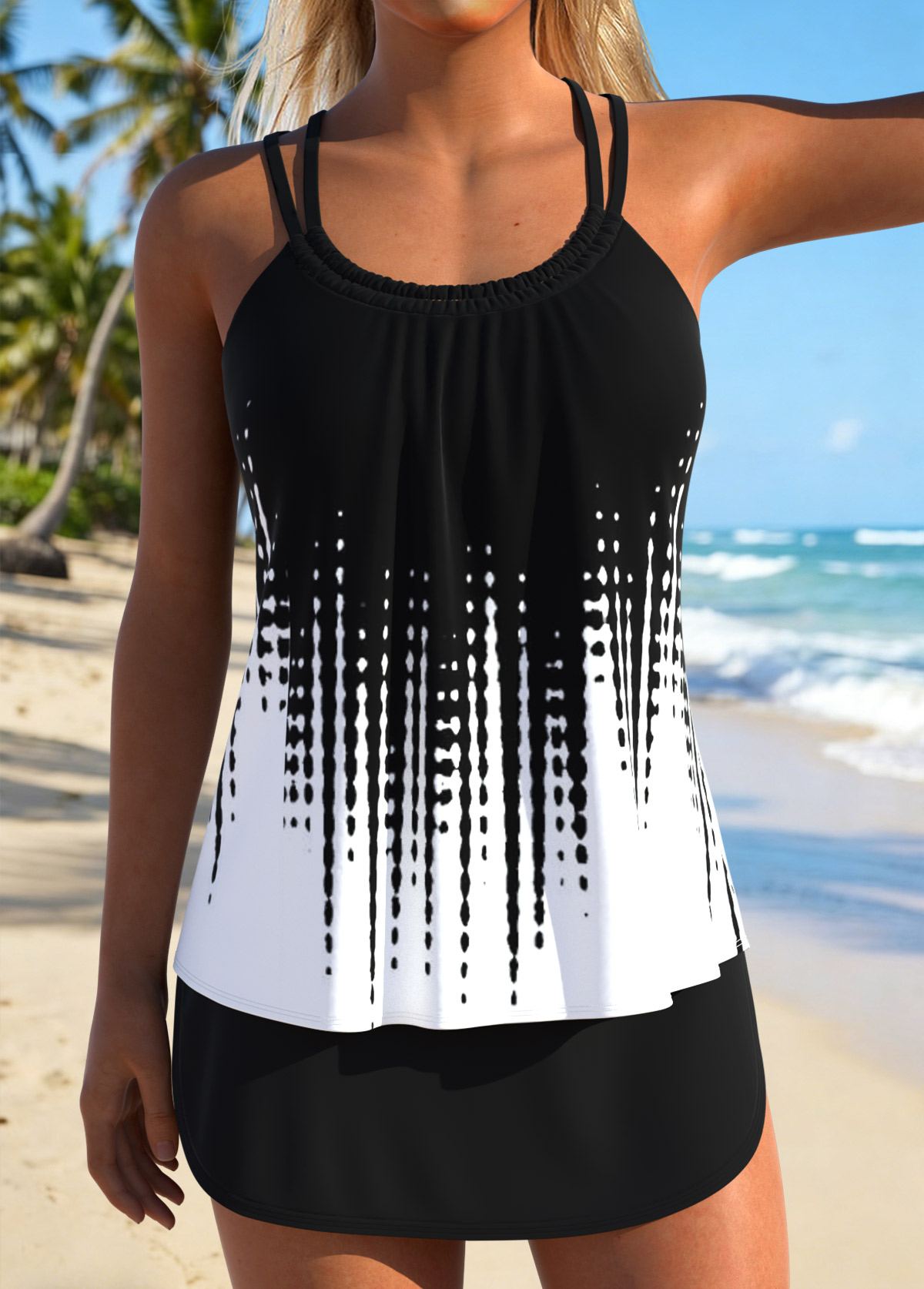 Modlily Black Mid Waisted Lace Up Tankini Set - M