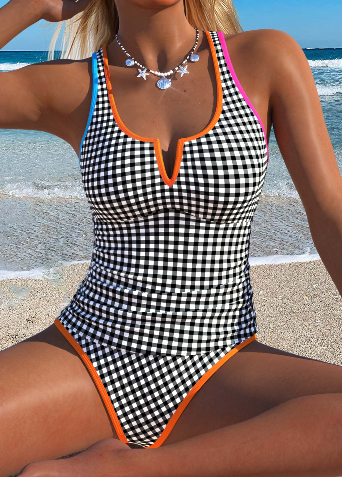 Modlily Black Mid Waisted Patchwork Gingham Print Tankini Set - XL