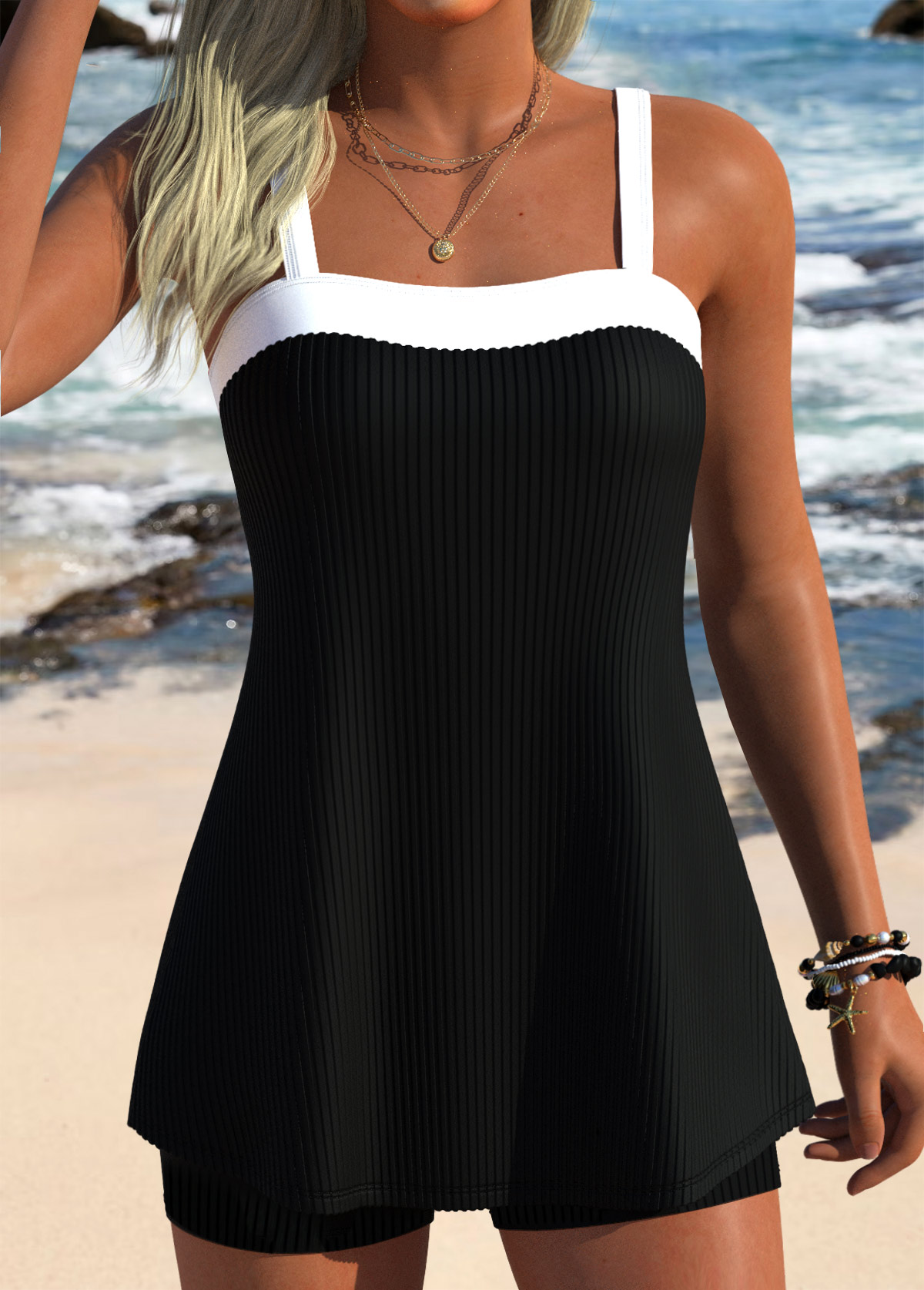 Modlily Black Mid Waisted Three-piece Tankini Set - S