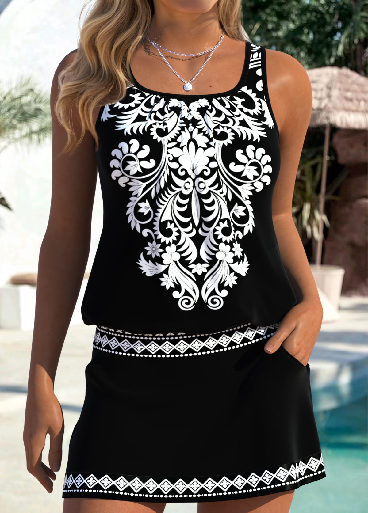 Modlily Black Mid Waisted Tummy Coverage Tribal Print Tankini Set - S