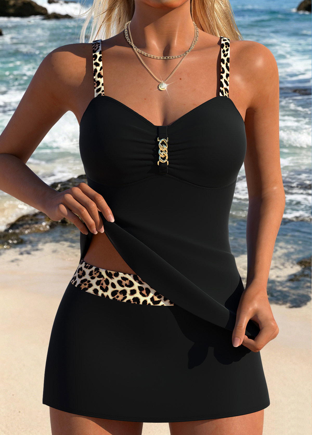 Modlily Black Mid Waisted Two-piece Leopard Bandeau Tankini Set - M