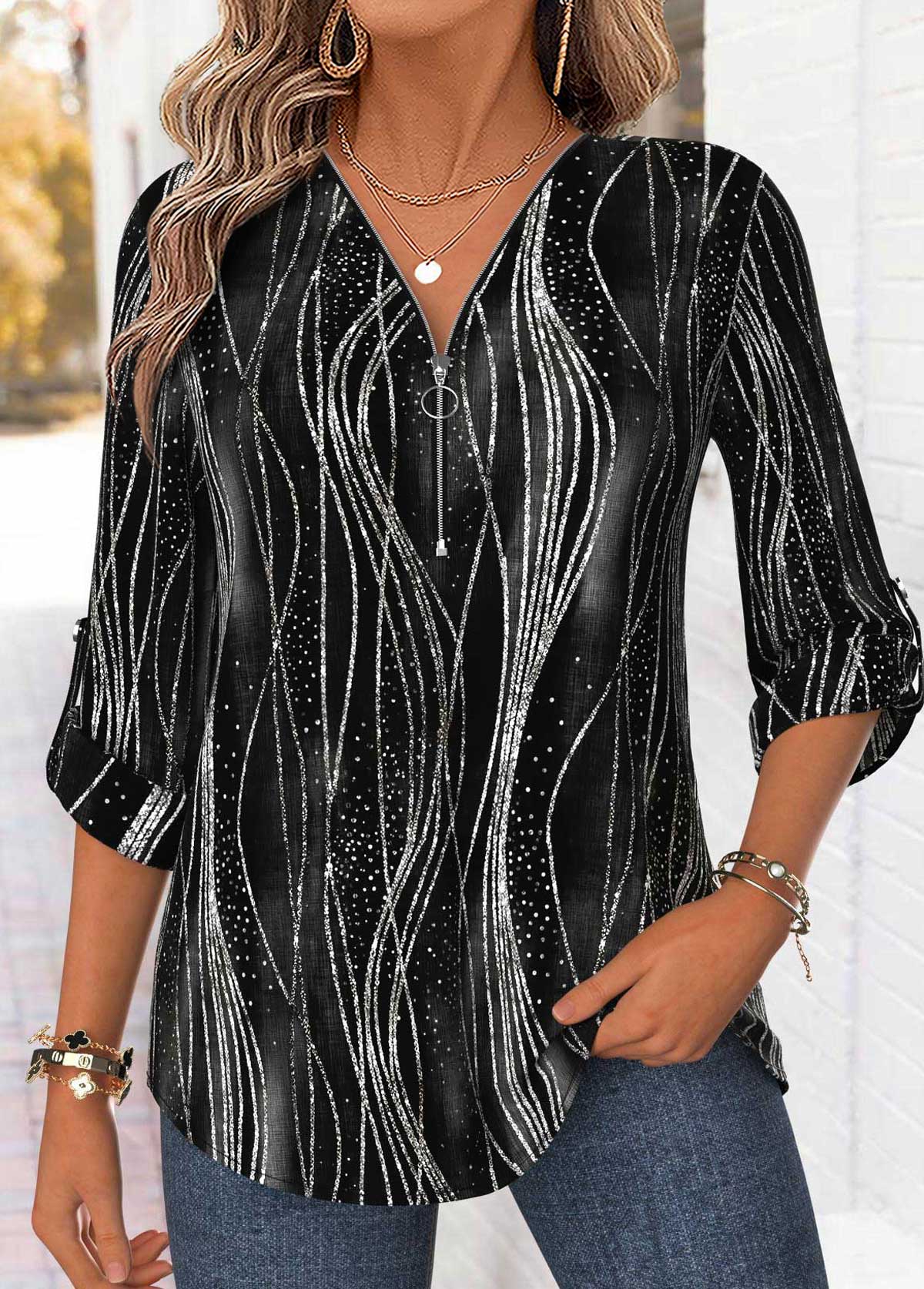 Modlily Black Ombre Curved Hem 3/4 Sleeve V Neck Blouse - M