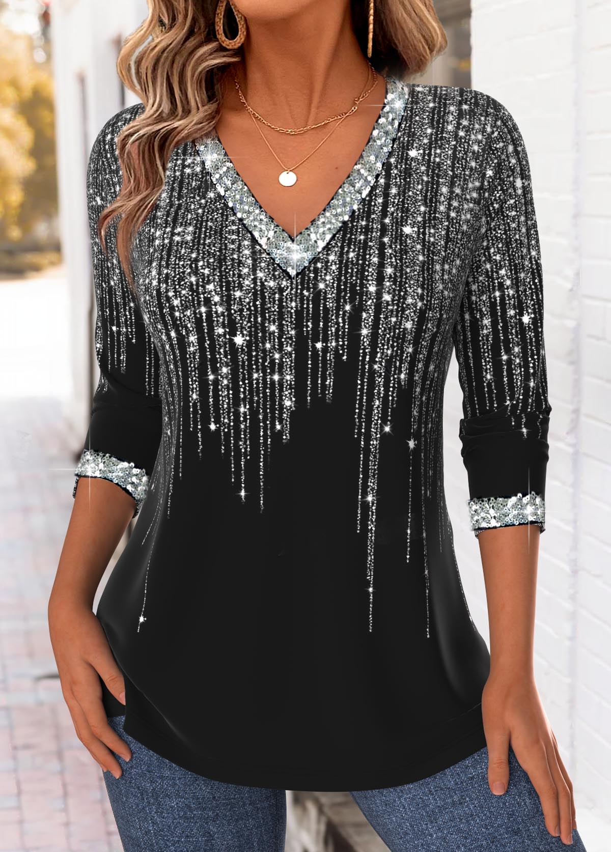 Modlily Black Ombre Long Sleeve V Neck T Shirt - S