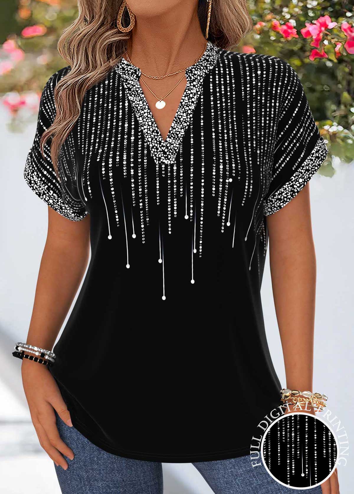 Modlily Black Ombre Tummy Coverage Short Sleeve Split Neck Blouse - M