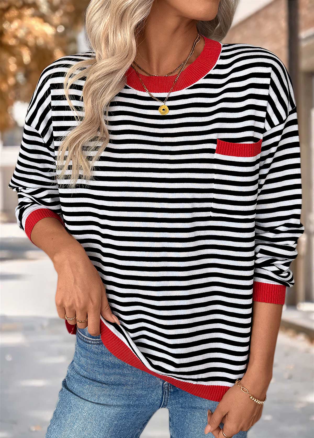 Modlily Black Patch Pocket Striped Long Sleeve Round Neck Sweater - S