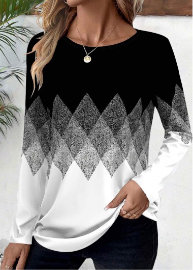 Modlily Black Patchwork Geometric Print Long Sleeve T Shirt - M