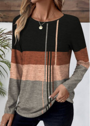 Modlily Black Patchwork Geometric Print Long Sleeve T Shirt - S