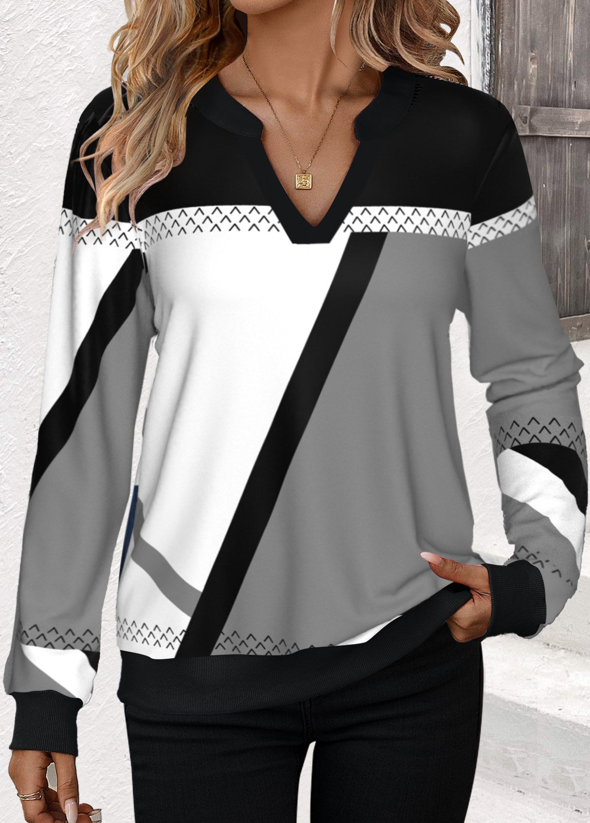 Modlily Black Patchwork Geometric Print Split Neck Sweatshirt - M