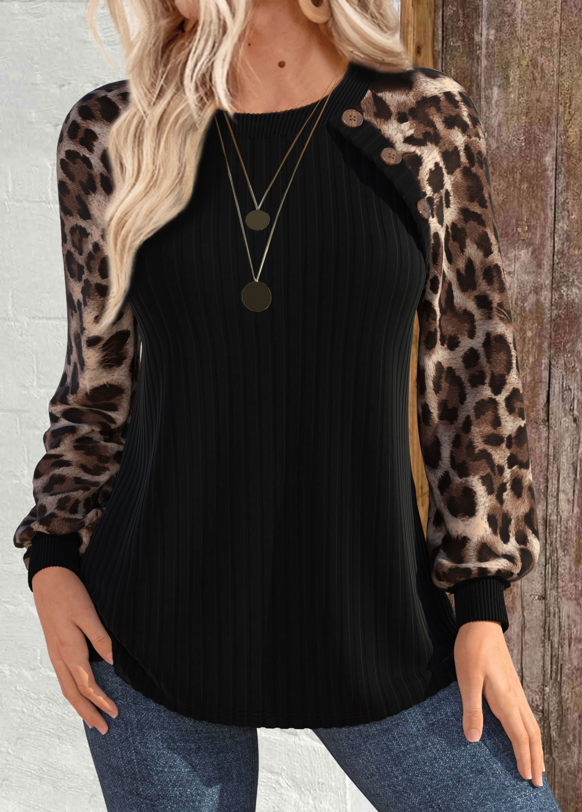 Modlily Black Patchwork Leopard Long Sleeve Round Neck Sweatshirt - M