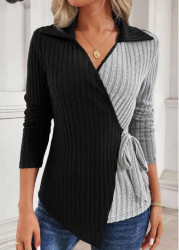 Modlily Black Patchwork Long Sleeve Turn Down Collar Blouse - L